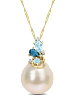 Promo 😀 9-10MM South Sea Cultured Pearl Blue Topaz and Diamond Accent Cluster Necklace in 14k Yellow Gold by Belk & Co. 😀