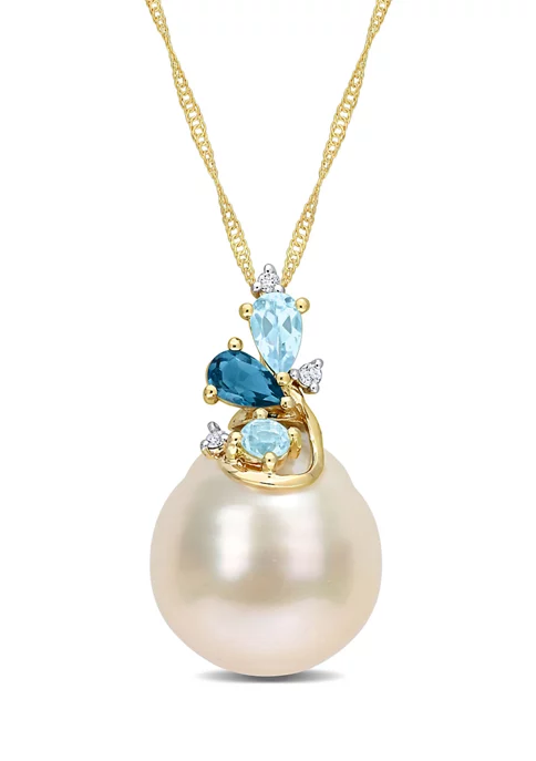 Promo 😀 9-10MM South Sea Cultured Pearl Blue Topaz and Diamond Accent Cluster Necklace in 14k Yellow Gold by Belk & Co. 😀 1 Promo 😀 9-10MM South Sea Cultured Pearl Blue Topaz and Diamond Accent Cluster Necklace in 14k Yellow Gold by Belk & Co. 😀