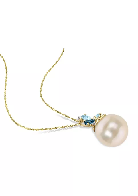 Promo 😀 9-10MM South Sea Cultured Pearl Blue Topaz and Diamond Accent Cluster Necklace in 14k Yellow Gold by Belk & Co. 😀 2 Promo 😀 9-10MM South Sea Cultured Pearl Blue Topaz and Diamond Accent Cluster Necklace in 14k Yellow Gold by Belk & Co. 😀 - Image 2