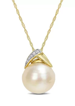 Budget โ 12-12.5mm South Sea Cultured Pearl and Diamond Accent Pendant with Chain in 14k Yellow Gold by Belk & Co. ๐