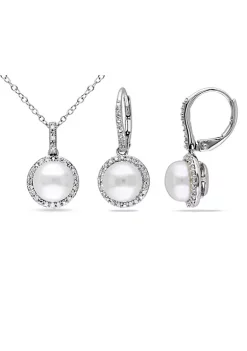 Deals 🎁 2-Piece Set of 8-8.5MM Freshwater Cultured Pearl and 1/3 ct. t.w. Diamond Earrings and Pendant with Chain in Sterling Silver by Belk & Co. 💯