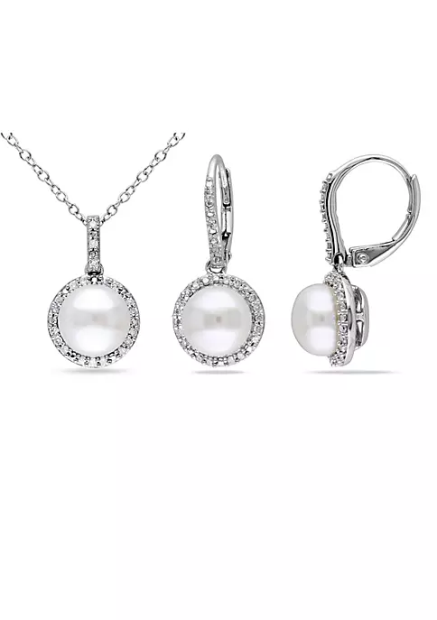 Deals 🎁 2-Piece Set of 8-8.5MM Freshwater Cultured Pearl and 1/3 ct. t.w. Diamond Earrings and Pendant with Chain in Sterling Silver by Belk & Co. 💯 1 Deals 🎁 2-Piece Set of 8-8.5MM Freshwater Cultured Pearl and 1/3 ct. t.w. Diamond Earrings and Pendant with Chain in Sterling Silver by Belk & Co. 💯