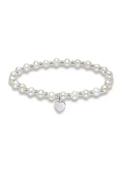 Best deal ✔️ Fresh Water Pearl and Silver Bead Strand Stretch Bracelet with Heart Charm, Sterling Silver by Belk & Co. ✨