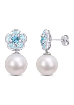 Cheapest 🧨 11-12mm Freshwater Cultured Pearl and 3 1/10 CT TGW London and Sky-Blue Topaz Floral Earrings in Sterling Silver by Belk & Co. 🎉