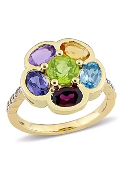 Best Sale 🌟 Rhodolite Citrine Swiss- Blue Topaz Amethyst Iolite Peridot and Diamond Accent Floral Ring in Yellow Plated Sterling Silver by Belk & Co. ❤️