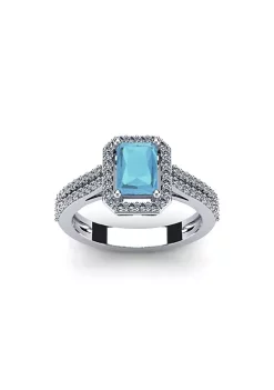 Deals 🔥 1 1/2cttw Octagon Shape Aquamarine and Halo Diamond Ring In Sterling Silver by Belk & Co. 🔥