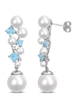 Flash Sale ⌛ Pearl, 2.10 Swiss Blue Topaz ct. t.w. and 1/10 ct. t.w. Diamond Drop Earrings in Sterling Silver by Belk & Co. 🔥