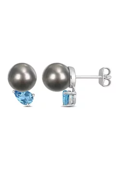 Coupon 😉 8-9mm Black Tahitian Cultured Pearl and 1 CT TGW Swiss Blue Topaz Stud Earrings in Sterling Silver by Belk & Co. 🧨 -DealsBelk & Co. Store Belk 28249