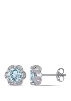 Buy 🎉 1.5 ct. t.w. Aquamarine and 1/10 ct. t.w. Diamond Accent Flower Stud Earrings in 14K White Gold by Belk & Co. 🎁