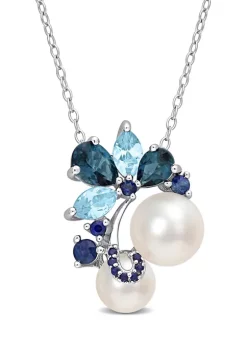 Best Pirce 🔔 White Cultured Freshwater Pearl, London and Sky-Blue Topaz, and Sapphire Pendant with 20" Chain in Sterling Silver by Belk & Co. 🤩