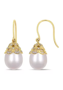 Best Pirce 👏 10.5-11 Millimeter Cultured Freshwater Pearl and 1/10 ct. t.w. Diamond Filigree Drop Earrings in 14k Yellow Gold by Belk & Co. 🧨