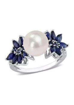Cheap โค๏ธ 9-9.5mm Cultured Freshwater Pearl and 3/8 CT TGW Sapphire and 1/8 CT TW Diamond Flower Ring in 14k White Gold by Belk & Co. ๐