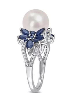 Cheap ❤️ 9-9.5mm Cultured Freshwater Pearl and 3/8 CT TGW Sapphire and 1/8 CT TW Diamond Flower Ring in 14k White Gold by Belk & Co. 😉 -DealsBelk & Co. Store Belk 29133