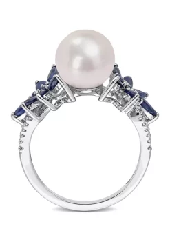 Cheap ❤️ 9-9.5mm Cultured Freshwater Pearl and 3/8 CT TGW Sapphire and 1/8 CT TW Diamond Flower Ring in 14k White Gold by Belk & Co. 😉 -DealsBelk & Co. Store Belk 29135