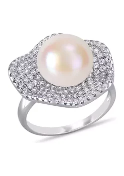 Outlet 👏 11 - 11.5 MM Cultured Freshwater Pearl and 1 3/8 CT TGW Cubic Zirconia Wavy Clustered Halo Ring in Sterling Silver by Belk & Co. 😀