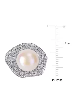 Outlet 👏 11 - 11.5 MM Cultured Freshwater Pearl and 1 3/8 CT TGW Cubic Zirconia Wavy Clustered Halo Ring in Sterling Silver by Belk & Co. 😀 -DealsBelk & Co. Store Belk 29214