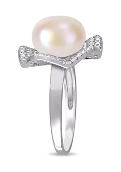 Outlet 👏 11 - 11.5 MM Cultured Freshwater Pearl and 1 3/8 CT TGW Cubic Zirconia Wavy Clustered Halo Ring in Sterling Silver by Belk & Co. 😀 -DealsBelk & Co. Store Belk 29215