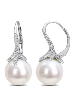 Discount 🎁 10-10.5mm South Sea Cultured Pearl and 1/2 CT TW Diamond Pearl Drop Leverback Earrings in 14k White Gold by Belk & Co. 🧨