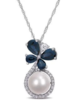 Discount 🎁 7.5-8mm Cultured Freshwater Pearl and Sapphire White Sapphire and 1/8 CT TW Diamond Butterfly Drop Necklace in 10k White Gold by Belk & Co. 😍