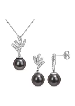 Flash Sale โค๏ธ 8-8.5mm Black Tahitian Cultured Pearl and 1/10 CT TW Diamond Pendant and Earring Set in 10k White Gold by Belk & Co. โ