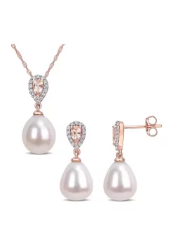 Cheap 😍 1/5 CT TW Diamond and 3/4 CT TGW Morganite with 9-9.5mm White Freshwater Cultured Pearl Drop Earrings and Pendant Set in 10k Rose Gold by Belk & Co. ⌛