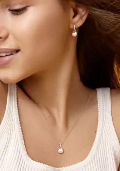Promo 👍 1/10 CT TW Diamond and 8 - 8.5 MM Cultured Freshwater Pearl Swirl Leverback Earrings and Pendant with Chain 2-Piece Set in Rose Silver by Belk & Co. 🎁 -DealsBelk & Co. Store Belk 29731