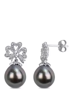 Best Sale 🤩 9 to 9.5 Millimeter Cultured Tahitian Pearl and 1/6 ct. t.w. Diamond Flower Bow Earrings in 10k White Gold by Belk & Co. 💯