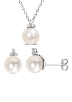 Budget ๐คฉ 8-8.5mm Cultured Freshwater Pearl and 1/5 CT TDW Diamond 2-PC Stud Earrings and Pendant w/Chain Set in Sterling Silver by Belk & Co. โจ