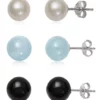 Outlet 🛒 Milky Aquamarine, Black Onyx, Cultured Freshwater Pearl 3-Pair Stud Set in Sterling Silver by Belk & Co. 🎁