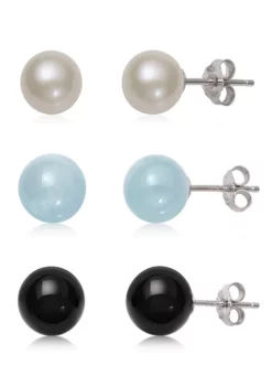 Outlet 🛒 Milky Aquamarine, Black Onyx, Cultured Freshwater Pearl 3-Pair Stud Set in Sterling Silver by Belk & Co. 🎁