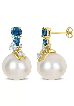 Best deal 🎁 14-14.5MM White South Sea Cultured Pearl and 2 ct. t.g.w. London & Sky Blue Topaz with 1/10 ct. t.w. Diamond Stud Earrings in 14K Yellow Gold by Belk & Co. 😀 -DealsBelk & Co. Store Belk 30144