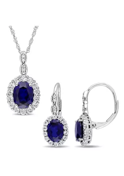 Cheap 🔔 Lab Created 2-Piece Set of 6 ct. t.g.w. Created Blue Sapphire, White Topaz and 1/10 ct. t.w. Diamond Vintage Pendant with Chain and Leverback Earrings in 14K White Gold by Belk & Co. 🔔