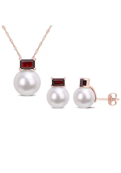 Outlet ๐คฉ 2-Piece Set of 9-12MM Freshwater Cultured Pearl and 1.51 ct. t.g.w. Garnet Earrings & Pendant with Chain in 10K Rose Gold by Belk & Co. โ