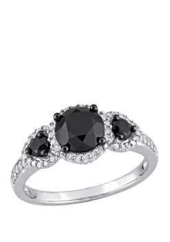 Best Sale 🛒 2 ct. t.w. Black and White Diamond 3 Stone Halo Engagement Ring in 10K White Gold by Belk & Co. 💯