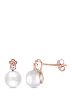Discount ๐ Pearl, White Sapphire 1/7 ct. t.w. and Diamond 1/10 ct. t.w. Stud Earrings in 10K Rose Gold by Belk & Co. ๐