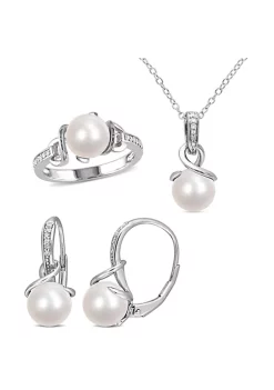 Flash Sale 👍 3-Piece Set of 8-8.5MM Freshwater Cultured Pearl and 1/6 ct. t.w. Diamond Ring, Earrings and Pendant with Chain in Sterling Silver by Belk & Co. 😉 -DealsBelk & Co. Store Belk 30902