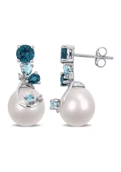 Discount ๐ 9-10mm Freshwater Cultured Pearl 2 CT TGW London & Sky Blue Topaz and Diamond Accent Pearl Earrings in Sterling Silver by Belk & Co. ๐