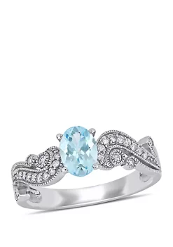 Best Sale 🎁 Aquamarine, White Sapphire and 1/10 CT TW Diamond Filigree Ring in 10k White Gold by Belk & Co. 🔥