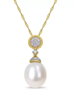 Best Sale 🤩 Pearl and 1/7 ct. t.w. Diamond Drop Necklace in 14K Yellow Gold by Belk & Co. 🎁