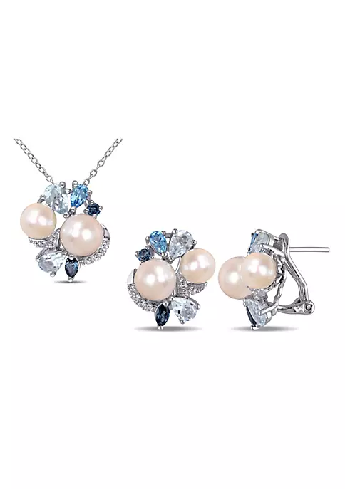 Flash Sale ๐ 2-Piece Set of 6-8MM Freshwater Cultured Pearl and 4.83 ct. t.g.w. Created White Sapphire, Sky, Swiss and London Blue Topaz Earrings and Pendant with Chain in Sterling Silver by Belk & Co. ๐ 1 Flash Sale ๐ 2-Piece Set of 6-8MM Freshwater Cultured Pearl and 4.83 ct. t.g.w. Created White Sapphire, Sky, Swiss and London Blue Topaz Earrings and Pendant with Chain in Sterling Silver by Belk & Co. ๐