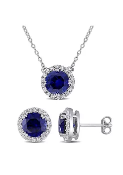 New ๐ Lab Created 2-Piece Set of 8.25 ct. t.g.w. Created Blue Sapphire and Created White Sapphire Halo Earring and Pendant with Chain in Sterling Silver by Belk & Co. ๐ฏ