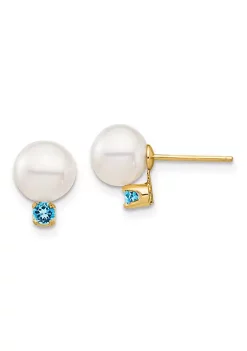 Brand new ✨ 1/8 ct. t.w. Swiss Blue Topaz and 7-7.5mm White Round Freshwater Cultured Pearl Post Earrings in 14K Yellow Gold by Belk & Co. 🔔