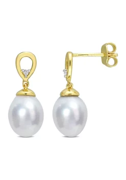 Coupon 💯 8-9mm South Sea Cultured Freshwater Pearl and White Topaz Drop Earrings in Yellow Plated Sterling Silver by Belk & Co. 😉 -DealsBelk & Co. Store Belk 31315