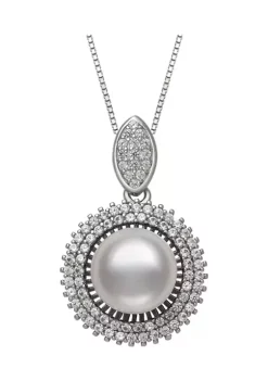 Cheap 🎁 10-11 Millimeter Button Shaped Cultured Freshwater Pearl and Lab Created Sapphire Pendant with 18 Inch Box Chain in Sterling Silver by Belk & Co. 🔔