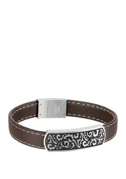 Hot Sale โญ Stainless Steel Brown Leather ID Bracelet by Belk & Co. ๐