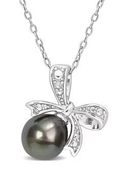 Best Sale 🔔 8-8.5mm Black Tahitian Cultured Pearl and Diamond Accent Bow Pendant with Chain in Sterling Silver by Belk & Co. 🥰