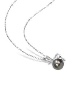 Best Sale 🔔 8-8.5mm Black Tahitian Cultured Pearl and Diamond Accent Bow Pendant with Chain in Sterling Silver by Belk & Co. 🥰 -DealsBelk & Co. Store Belk 31629
