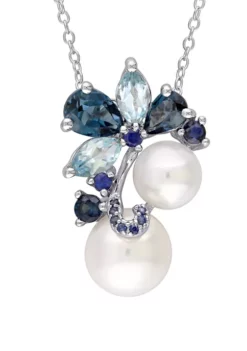 New ❤️ Cultured Freshwater Pearl, 2.3 ct. t.w. Blue Topaz and 2/5 ct. t.w. Sapphire Cluster Pendant with Chain in Sterling Silver by Belk & Co. 🌟