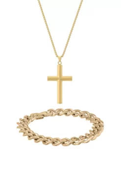 Cheap 🤩 Stainless Steel Cross Pendant and 11 Millimeter Curb Chain Bracelet with Gold Tone Ion Plating in a Box Set by Belk & Co. 🥰