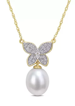 Best reviews of ⌛ 10 Millimeter Freshwater Cultured Pearl and 1/8 ct. t.w. Diamond Butterfly Drop Necklace in 10K Yellow Gold by Belk & Co. ✔️ -DealsBelk & Co. Store Belk 31842